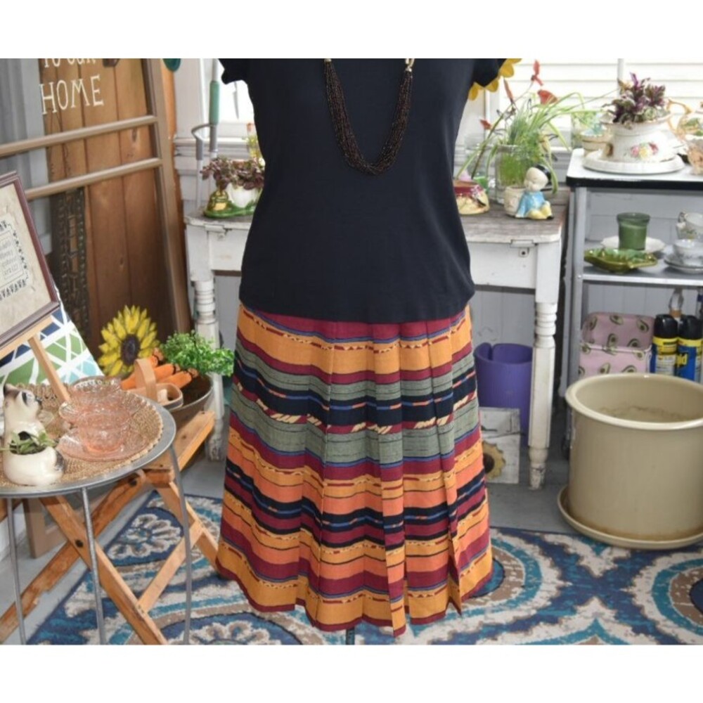 Vintage Pleated Tribal Skirt Colorful-Lined Striped Made in England Size Small